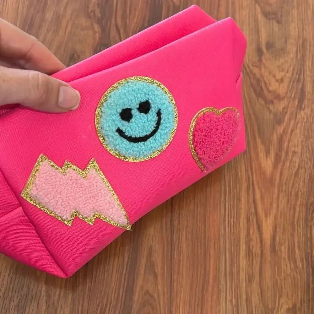 Adorable pink patch smiley face heart tufted pouch make up bag cosmetic case